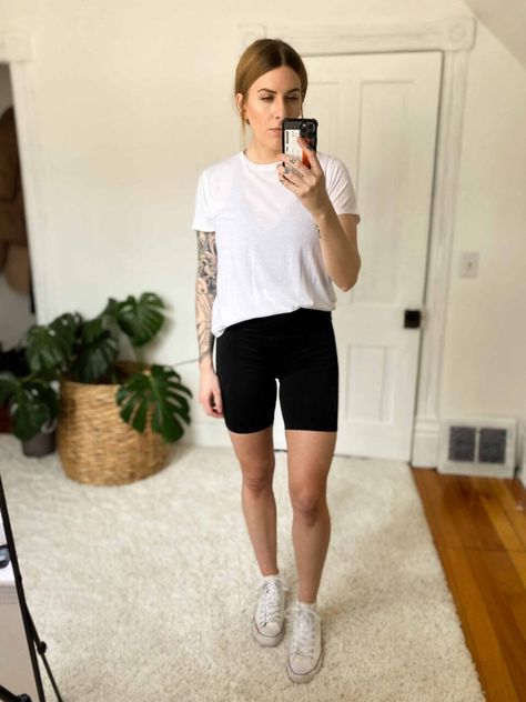 11 Ways To Wear Bike Shorts (Think Leggings, But Summer) | The Mom Edit How To Wear Biker Shorts, Shorts And Tshirt Outfits, Bike Shorts Outfit Summer, Bike Riding Outfit, Cycling Shorts Outfit, Bike Shorts Outfit, Leggings Outfit Summer, Mom Edit, Biker Shorts Outfit