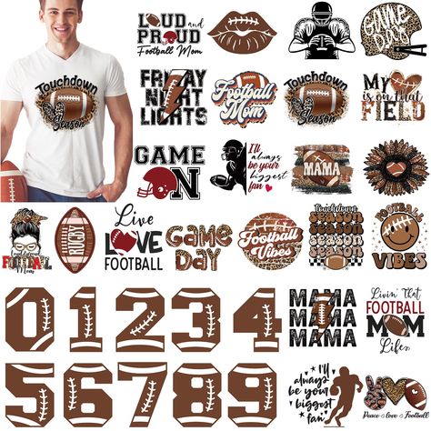 PRICES MAY VARY. Package Contents: you will receive 30 pieces of American football iron on transfers, which are rich in quantity and various in styles, can well meet your decoration, sharing and replacement needs Easy to Use: the football patches decals appliques are easy to apply, just use a heat transfer machine or household iron to iron the stickers against your bags or clothes at about 150 degree Centigrade for 10-15 seconds, and tear off the protective film, then the cute patterns will be p Football Spirit Shirts, High School Football Shirts, Football Helmet Design, Football Sister, Football Spirit, Helmet Designs, Football Shirt Designs, Football Transfers, Sports Mom Shirts