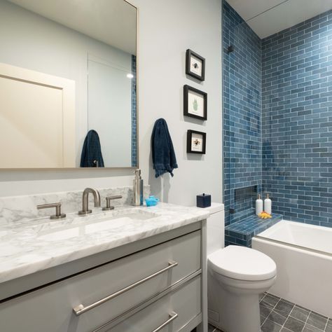 A bathroom specially designed for a little guy who loves the color blue! 💙 🦕 Design by @inthedeets_design Build by @konstructoinc Photography by @jcheshirephoto Tile by @wow_designeu & Sartoria Fixtures by @phylrich Lighting by @rejuvenation Tub by @hydrosystems Medicine cabinet by @robern Glass by @dublin_glass #bathroomremodel #bathroomrenovation #bathremodel #bathrenovation #bluebathroom #bluebath #boysbathroom Blue Craftsman Bathroom, Blue Craftsman, Craftsman Bathroom, Bath Renovation, The Color Blue, Blue Bath, Boys Bathroom, Blue Bathroom, Bath Remodel