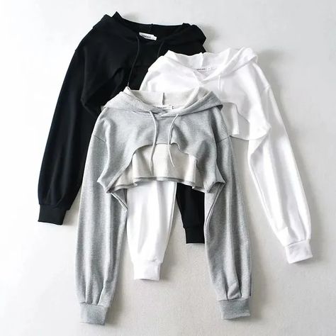 Reknovine - Long-Sleeve Plain Cropped Hoodie Super Cropped Hoodie, Hipster Women, Sports Clothes, Dance Tops, Crop Hoodie, Hooded Tops, Solid Clothes, Drawstring Hoodie, Casual Pullover