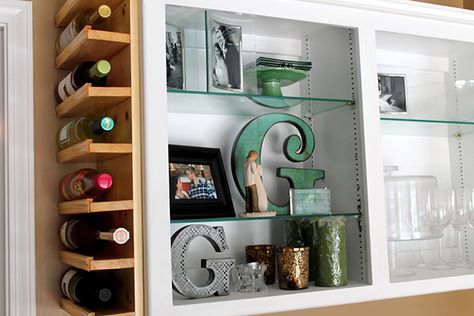 Pursuit of Healthfulness, uses a bit of lumber and trim to create an awesome built-in wine rack in the narrow space on the side of a cabinet. Not only does this wine rack take advantage of some small, previously unused space in their home, but it also is the perfect way to bring the Pinot supply into their living room bar area. Living Room Bar Area, Homemade Wine Rack, Kitchen Cabinet Wine Rack, Cabinet Wine Rack, Wine Storage Diy, Built In Wine Rack, Wine Rack Cabinet, Wine Shelves, Diy Wine Rack