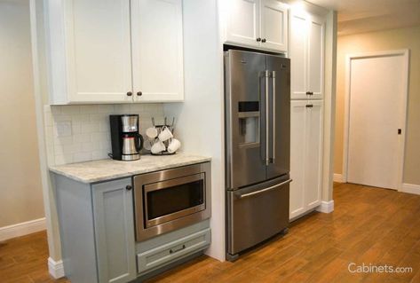 Coastal Two-Tone Galley Kitchen with Wood Hood - Cabinets.com Haze Cabinets, Wood Hood, Galley Kitchen Layout, Refrigerator Cabinet, Galley Kitchens, Two Tone Kitchen, Galley Kitchen, Easy Breezy, Kitchen Layout