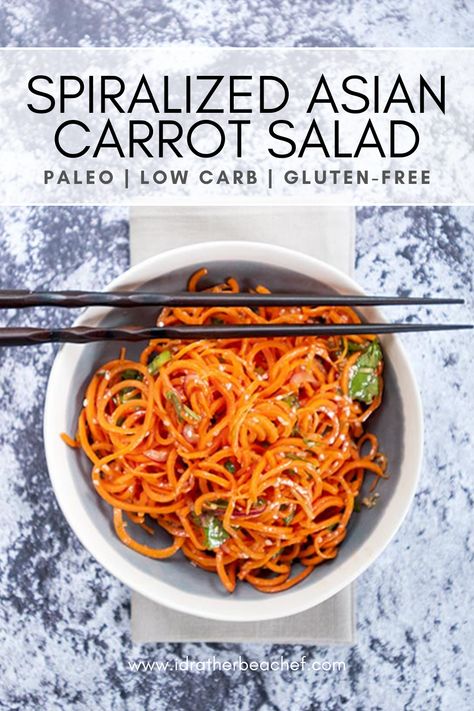 Bowl of Spiralized Asian Carrot Salad on a grey background with chopsticks. Spiralized Carrot Recipes, Spiral Carrot Recipes, Asian Carrot Salad, Spiral Vegetable Recipes, Lean Recipes, Carrot Dishes, Asian Salad Recipe, Summer Vegetarian Recipes, Salad Recipes Low Carb