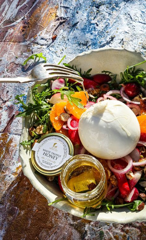 Truffle Honey, Burrata Recipe, Black Truffle Oil, Burrata Salad, Truffle Gift, Burrata Cheese, How To Roast Hazelnuts, Truffle Recipe, Truffle Oil