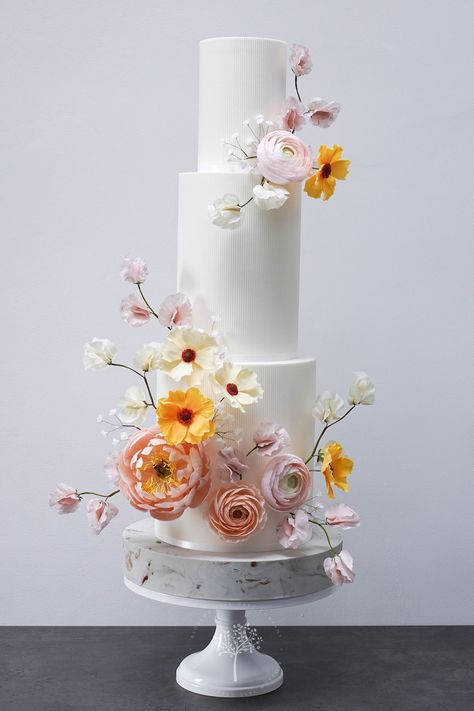 Peony & Ranunculus wedding cake by Blossom Tree Cake Company, Harrogate, North Yorkshire Wedding Cake Fondant Flowers, Ranunculus Wedding, Hand Painted Wedding Cake, Orange And Pink Wedding, Perfect Wedding Cake, Fondant Flower Tutorial, Wafer Paper Flowers, Watercolor Cake, Lace Wedding Cake