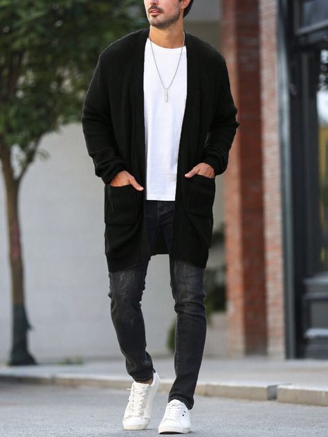 Larger Mens Fashion Style, Asian Street Style Men, Big Man Style, Casual Cardigan Sweater, Big And Tall Style, Drop Shoulder Cardigan, Asian Street Style, Áo Len Cardigan, Plus Size Cardigans