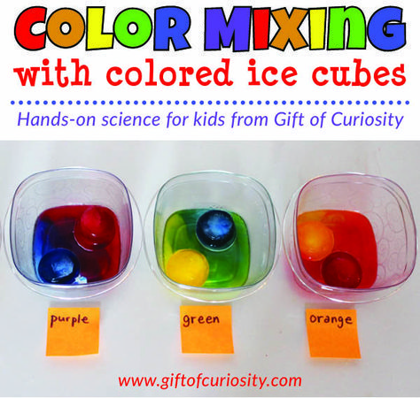 Color mixing activity using colored ice cubes to show children how the three primary colors of magenta (red), cyan (blue), and yellow mix to make the three secondary colors of orange, green, and purple. Great hands-on science for kids! Perfect for preschool or kindergarten lessons on colors and color mixing. #preschool #kindergarten #colors #colormixing #ece #handsonscience || Gift of Curiosity Coloring Mixing Preschool, Primary Colours Activity For Preschool, Mandala Art For Preschoolers, Mixing Colours Kindergarten, Colour Kindergarten Activities, The Colour Monster Activities Preschool, Colour Inquiry Kindergarten, Shapes Provocations, Colors Of The Rainbow Preschool