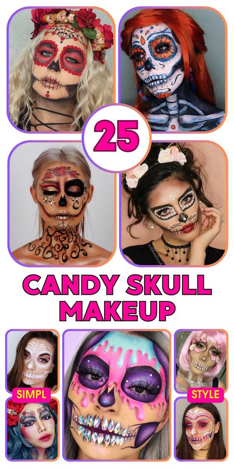 Candy skull makeup is the perfect choice for a vibrant Halloween look. Easy and simple to apply, this design is ideal for women and kids alike. Choose from neon, pink, and blue colors to create a stunning sugar skull. Whether you go for a half face or full face, this Mexican-inspired art will make your Halloween costume pop. Find easy tutorials online to help you achieve a colorful and pretty design that’s sure to impress. Easy Day Of The Dead Makeup Simple, Sugar Skull Hair Ideas, Heart Skull Makeup, Skull Makeup Pretty, Sugar Skull Face Paint Easy, Colorful Skeleton Makeup, Candy Skull Face Paint, Skull Candy Makeup, Sugar Skull Makeup Pretty