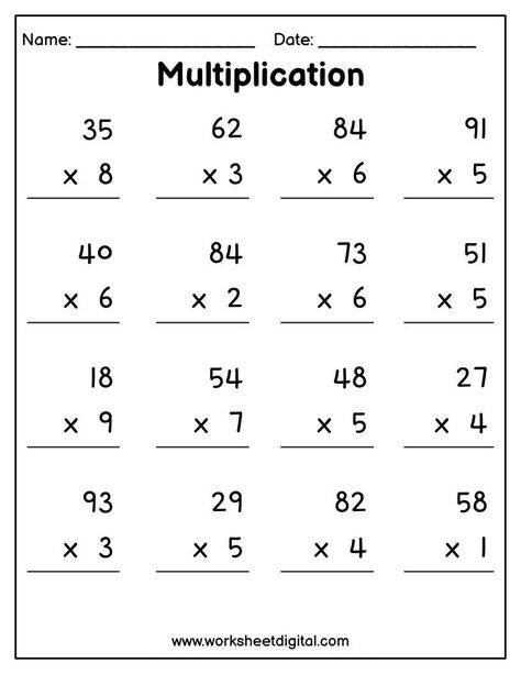 Printable Multiplication 2 digit by 1 digit worksheets help your kids to practice their time tables skills from 1 through 12. Suitable for any grade students. The download consists 12 printable black and white worksheets  PDF Letter size (8.5 x 11 in) Print and laminate for lasting use. Thank you for visiting Worksheet Digital. www.worksheetdigital.com Multiplication For Grade 2 Worksheet, Multiplication Year 2, Multiplying 2 Digit By 1, Multiplication By 2 Digits, Multiplying 2 Digit By 2 Digit, Multiplication 2 Digit By 2 Digit, 2 Digit By 1 Digit Multiplication, Grade 2 Multiplication Worksheets, Fourth Grade Math Worksheets Free