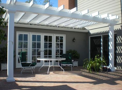 Attached Pergolas, Pergola Patio Attached To House, Patio Attached To House, House Pergola, Attached Pergola, White Pergola, Vinyl Pergola, Small Pergola, Pergola Curtains