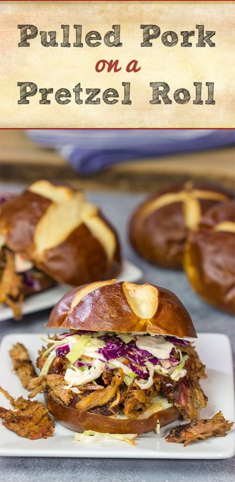 Pulled Pork on a Pretzel Roll | Fun way to serve a classic! Pulled Pork On Pretzel Bun, Pretzel Dinner Ideas, Pretzel Bread Sandwich Ideas, Recipes With Pretzel Buns, Pretzel Slider Bun Recipes, Pretzel Roll Sandwich Recipes, Pretzel Bun Sliders Recipes, Pretzel Roll Sliders, Pork Sliders Crockpot