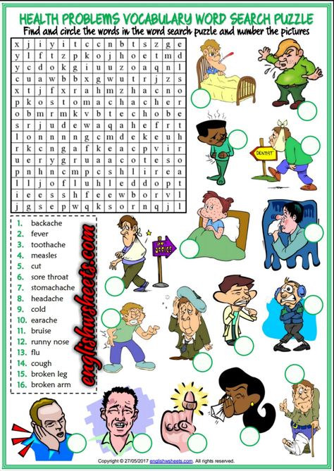 Health Problems ESL Word Search Puzzle Worksheet For Kids Word Search Puzzles Printables, Puzzle Worksheet, Health Words, Esl Vocabulary, Word Search Printables, Learning Cards, Vocabulary Games, Vocabulary Worksheets, Health Lessons