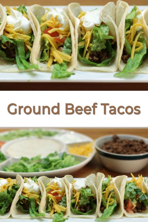 If you love tacos and Mexican food, give these homemade ground beef tacos a try. They are very flavorful and perfect to ease that taco craving. All you need are everyday ingredients like, ground beef, corn or flour tortillas, cheese, lettuce, sour cream, variety of spices, etc. If I can do it, you can do it! Vegetarian Burritos, Homemade Ground Beef, Fish Pizza, Tacos At Home, Taco Recipes Ground Beef, Seafood Tacos, Italian Main Dishes, Burrito Recipes, Taco Burrito