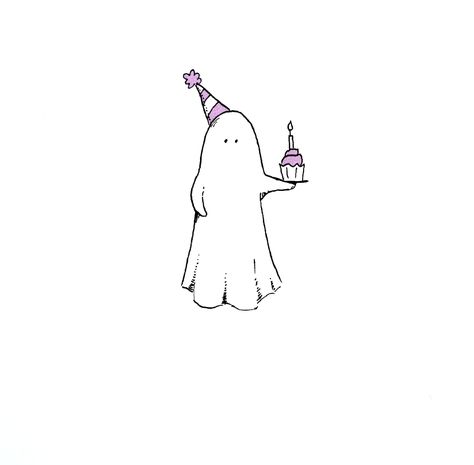 "This greeting card features an original ink illustration of a ghost offering a cupcake for someone's birthday or any other reason for celebrate! Perfect for those who love a little spooky-cute all year round. -Printed on white stock -Folded dimension is 4.25\" wide by 5.5\" tall, vertical orientation -Blank inside for your own personal message -Comes with an envelope in a coordinating color, but message me if you have a different color in mind and I will do my best to accommodate. -Card is ship Ghost Birthday Drawing, Birthday Ghost Drawing, Spooky Birthday Wishes, Emo Birthday Card, Goth Birthday Card, Spooky Birthday Cards, Halloween Birthday Card Ideas, October Birthday Cards, Cute Happy Birthday Doodles