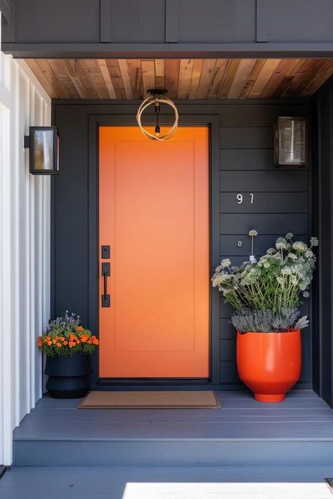 Back Door Entryway Ideas for Welcoming Homes Vibrant Front Door Colors, Porch Ideas Entrance Interior, Bungalow House Exterior, Door Entryway Ideas, Exterior House Doors, Orange Front Doors, California Bungalow, Mcm House, Modern Front Door