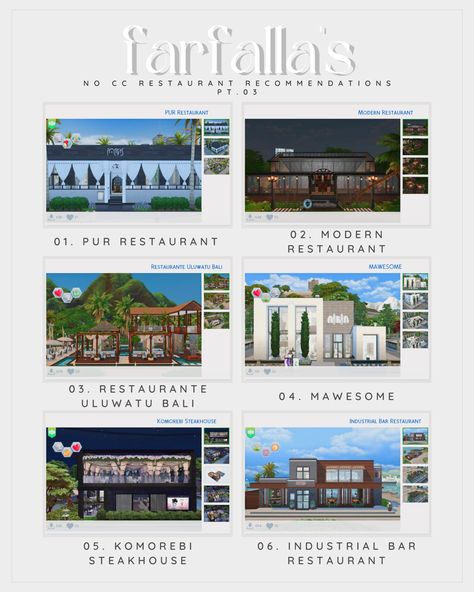 Sims 4 Lots Restaurant No Cc, Sims 4 Restaurant No Cc, Ts4 Lots, Sims4 Build, Ts4 Builds, Sims 4 Restaurant, Gaming Ideas, Furniture Cc, Uluwatu Bali