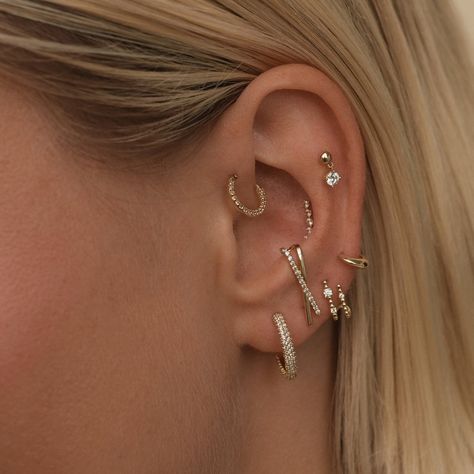 Gold Sable Piercing | Fine Jewelry | Adornmonde Earrings Fine Jewelry, Ear Piercing Inspo Silver, A Lot Of Ear Piercings, Cute Ear Piercings Ideas, Curated Ear Piercing Ideas, Cute Piercing Ideas, Styled Ear Piercings, Gold And Silver Jewelry Together, Piercings Silver