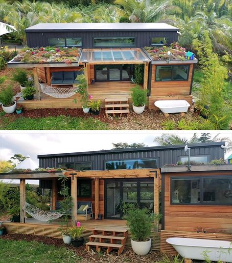 A modern tiny house with a porch and green roofs, that uses cedar siding and colored steel for the exterior materials. House With A Porch, Exterior Materials, Green Roofs, Tiny House Inspiration, Cedar Siding, Container House Plans, Modern Tiny House, Modern House Exterior Colors, Container House Design