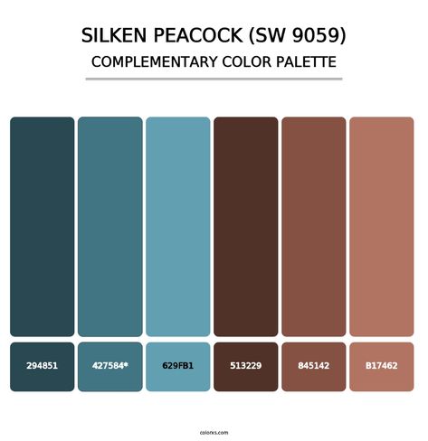 Silken Peacock (SW 9059) - Complementary Color Palette Peacock Blue Decor, Color Palette Peacock, Sherwin Williams Silken Peacock, Peacock Color Palette Bedroom, Petrol Blue Colour Palette, Peacock Blue Color Scheme, Petrol Color Palette, Silken Peacock, Peacock Color Palette