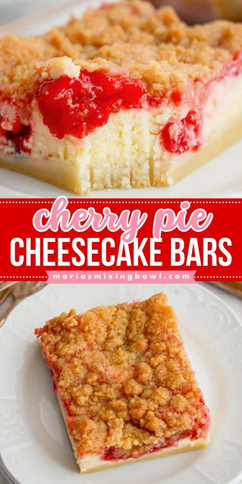 These Cherry Pie Cheesecake Bars are the perfect combination of two classic desserts. The rich and creamy cheesecake is topped with a layer of sweet and tart cherry pie filling, all on top of a buttery graham cracker crust. This recipe is sure to become a family favorite! Cherry Pie Filling Recipes Desserts, Cherry Filling Recipes, Cherry Pie Crumble, Cherry Cheesecake Bars, Tart Cherry Pie, Cherry Pie Bars Recipe, Pie Filling Desserts, Cherry Pie Filling Recipes, Cherry Pie Bars