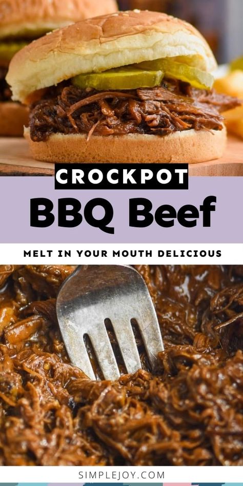 The flavor of this BBQ Beef recipe is absolutely perfect. My mom's recipe for Crockpot BBQ Beef will become a family favorite for you too. Bbq Beef Crockpot, Crock Pot Bbq Beef, Beef Sandwiches Crock Pot, Shredded Beef Sandwiches, Slow Cooker Bbq Beef, Crock Pot Bbq, Hot Beef Sandwiches, Bbq Beef Sandwiches, Shredded Beef Recipes