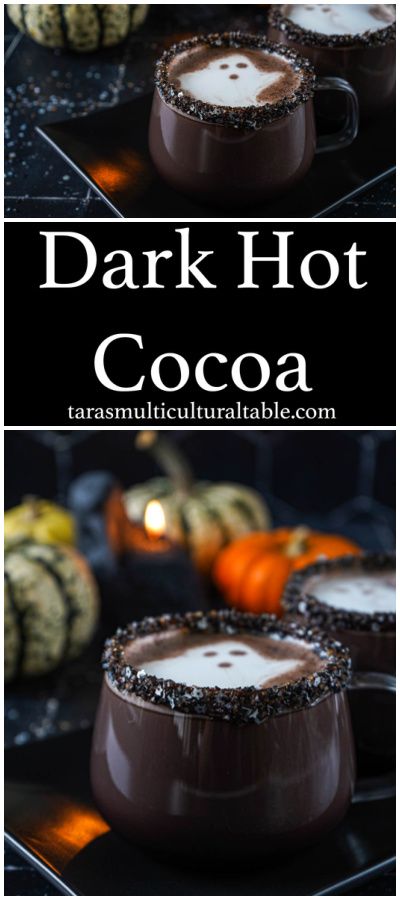 Dark Hot Cocoa in two clear glass mugs with ghost latte art. Homemade Dark Hot Chocolate, Black Hot Chocolate, Dark Cocoa Powder Recipes, Dark Chocolate Cocoa Powder Recipes, Recipes With Black Cocoa Powder, Hot Dark Chocolate Drink, Dark Chocolate Hot Chocolate, Dark Hot Chocolate Recipe, Black Cocoa Recipes