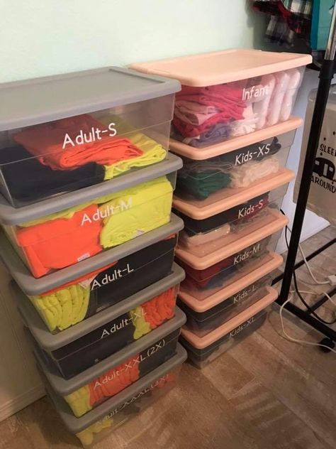 Shirt Business Storage, Craft Room Shirt Organization, Craft Room Organization Sublimation, Tshirt Making Business Organization, Small Business Shirt Organization, T Shirt Storage Ideas Craft Rooms, Screen Print Organization, Tshirt Organization For Business, T Shirt Business Organization Ideas