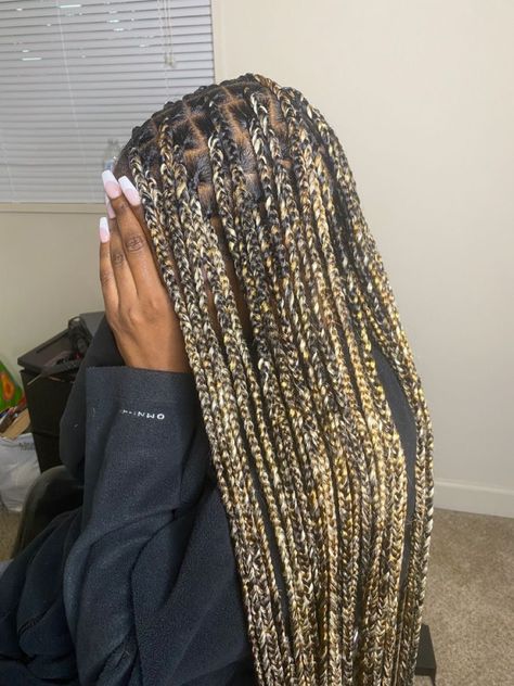 Blonde Brown Black Knotless Braids, Honey Blonde Box Braids Highlights, Different Shades Of Blonde Braids, Highlights Braids Black Women, Blonde Highlight Knotless Braids, Honey Blonde Mix Knotless Braids, 613 And Black Knotless Braids, Highlights In Braids, Highlight Braids For Black Women