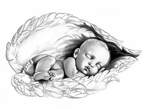 drawing of sleeping angel baby | Lauren Eldridge-Murray › Portfolio › Sleeping baby Angel Baby Drawing, Baby Face Drawing, Baby Memorial Tattoos, Angels Tattoo, Baby Angel Tattoo, Baby Angel Wings, Angel Bebe, Angel Wings Tattoo, Angel Tattoo Designs