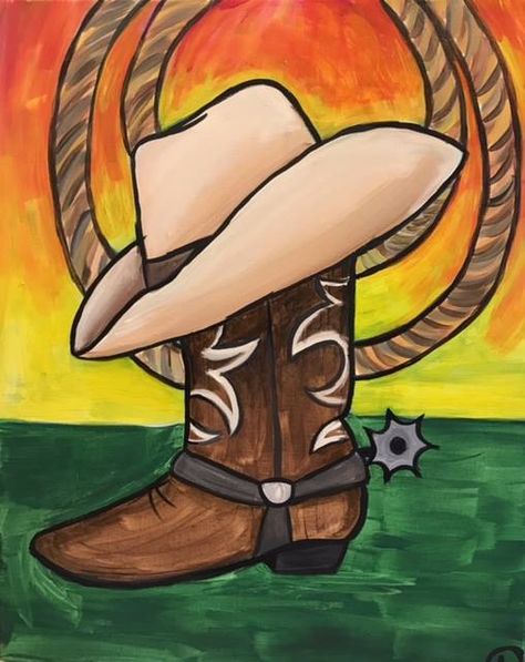 Cowgirl #boots #hat #canvastherapy #paint #acrylic #paintandsip #wine #art #canvas #blackart #painter #girlgroup #memphis #paintingideas #amandab Cowboy Boots Canvas Painting, Cowboy Boots Acrylic Painting, Easy Cowboy Hat Painting, Easy Cowgirl Paintings, Rodeo Paintings Easy, Country Painting Ideas Easy, Cowboy Hat Painting Canvas, Cowboy Canvas Painting, Cowboy Paintings Easy