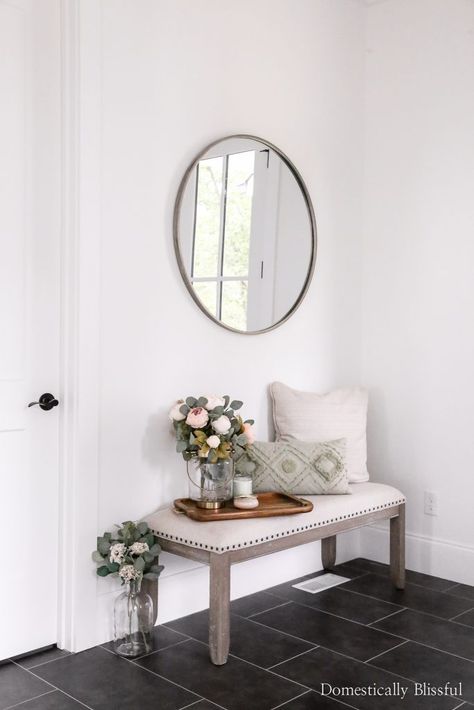 10 Large Round Mirrors You Will Love to add to your home decor. | Wall decor with large round mirrors to fill an empty wall. | Big round mirror to hang on an empty wall above a bench or table. | Large round mirror for your entryway. | A collection of mirrors for your mudroom. | Pretty round mirrors to add to your home decor. Domestically Blissful, Upholstered Entryway Bench, Traditional Benches, Upholstered Dining Bench, Large Round Mirror, Rear View Mirror Decor, Bench Decor, Bedroom Bench, One Bedroom Apartment