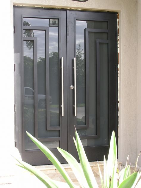 Ornamental Impact Iron Door | Hurricane Iron Door | SIW Impact Windows & Doors Wrought Iron Front Door, Double Door Entrance, Door And Window Design, Impact Doors, Iron Front Door, Iron Entry Doors, Modern Exterior Doors, Iron Door Design, Contemporary Front Doors