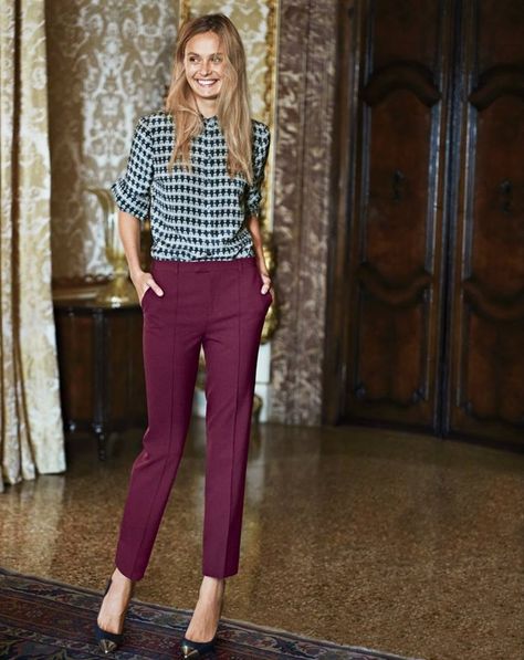 Jcrew Style, Plum Pants, Office Suits, October Fashion, Look Office, Burgundy Pants, Clothes Fall, Adorable Outfits, Work Chic