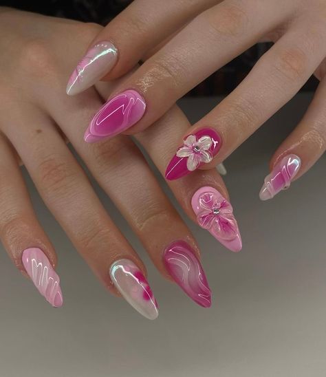 Pink 3D Flowers Press on Nails Pink Almond Press on Nails - Etsy Nail Design On Almond Shape, Nail Ideas 3d Art, Summer Nails With 3d Art, Pink Trending Nails, Best Acrylic Nails Designs Ideas, Pink 3d Nails Art Designs, 3d Nails Aesthetic, Gel Nail Designs For Summer Almond Shape, Cute Pink Design Nails