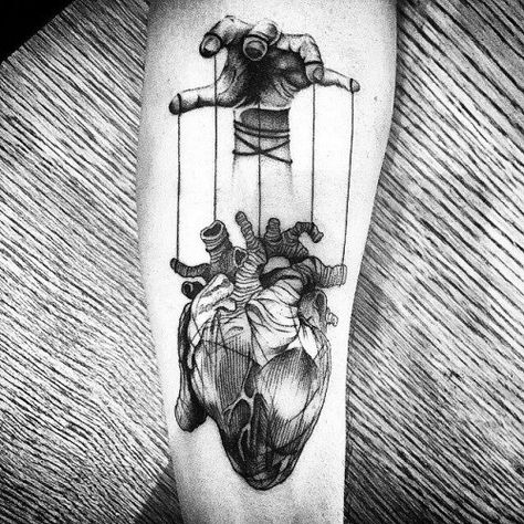 Gentleman With Heart Tattoo Pulled By Puppet Strings In Blackwork On Thigh Marionette Tattoo, Puppet Tattoo, String Tattoo, Anatomical Heart Tattoo, Herz Tattoo, Kunst Tattoos, Geniale Tattoos, Heart Tattoo Designs, Different Tattoos