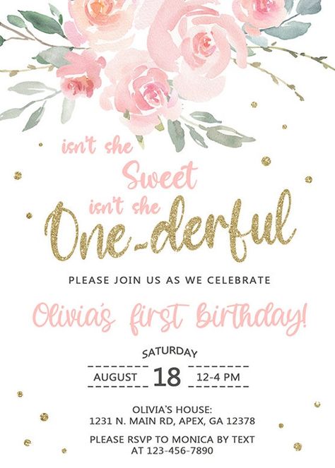 Isnt She Onederful Birthday Theme, Onederful Birthday Party Girl, Isn't She Onederful Birthday, Floral 1st Birthday, Onederful Birthday, 1 Year Birthday, Baby Birthday Themes, One Year Birthday, Girl Birthday Party Invitations