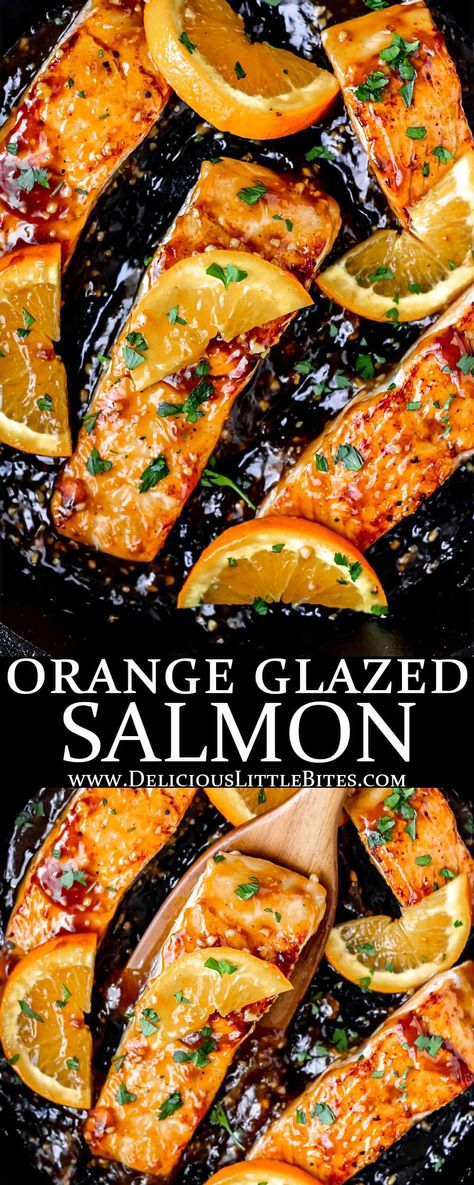 Orange Glazed Salmon is a quick and easy, family-friendly dinner recipe. This sweet and savory dish requires just 5 ingredients and 15 minutes to prepare.  | #salmon #orangesalmon #seafood #recipe #dinner Orange Glazed Salmon, Salmon Recipes Baked Healthy, Salmon Glaze Recipes, Grilled Salmon Recipes, Fish Dinner Recipes, Seafood Recipe, Easy Salmon Recipes, Salmon Dinner, Fish Recipes Healthy