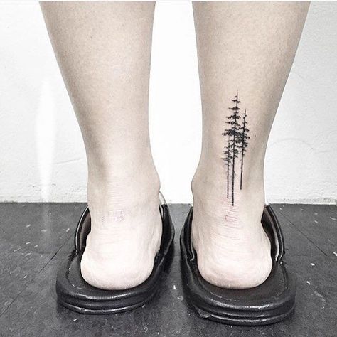 Simple + stunning evergreen tattoo. Evergreen Tattoo, Aspen Trees Tattoo, Tree Tattoo Ankle, Evergreen Tree Tattoo, Tiny Foot Tattoos, Hirsch Tattoo, Tree Tattoo Small, Pine Tree Tattoo, Forest Tattoos