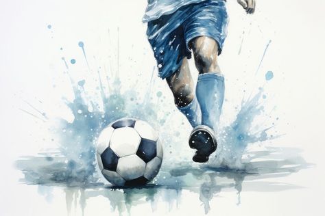 Football kicking sports soccer. AI generated Image by rawpixel. | free image by rawpixel.com Soccer Painting Ideas On Canvas, Watercolor Football Painting, Watercolour Football, Soccer Watercolor Painting, Soccer Illustration Art, Football Template, Baby Wall Decals, Football Artwork, Image Paper