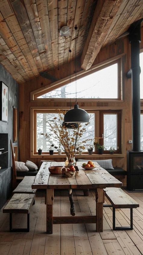 Cozy Elegance: 60 Scandinavian Cabin Interior Design You’ll Love – Decomagz Mountain Cabin Dining Room, Scandinavian Cabin Interior, Cabin Interior Ideas, Modern Cabin Interior, Scandinavian Cabin, Barndominium Interior, Cabin Interior Design, Tiny House Loft, Cabin Interiors