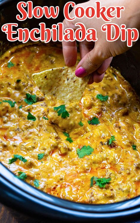 Enchilada Dip Recipe Crockpot, Quick And Easy Crockpot Party Food, Beef Enchilada Dip Crockpot, Cheesy Enchilada Dip, Mexican Potluck Ideas Slow Cooker, Crockpot Mexican Dip Recipes, Enchilada Dip Crockpot, Mexican Dip Crockpot, Chip Dip Recipes Crock Pot