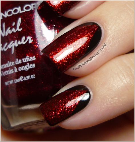 Camelot from a england and let it dry. Then I taped of the sides and applied Kleancolor - Bite Me, a wonderful red glitter polish Red Glitter Nail Polish, Dark Red Nail Polish, Nail Polish Red, Ruby Slipper, Red Nails Glitter, Red Gel Nails, Black Nails With Glitter, Glitter Polish, Dark Red Nails