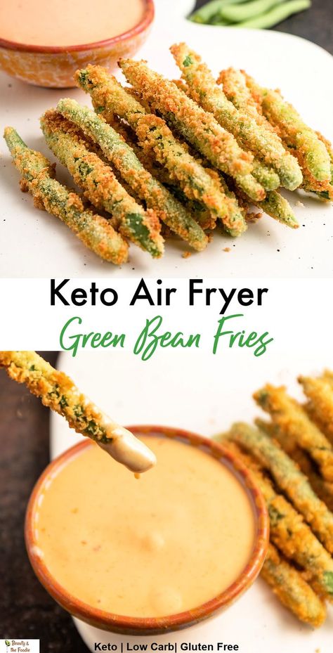 A stack of sir fried grren bean fries with a dipping sauce. French Fry Alternative, Fry Alternative, Air Fried Green Beans, Green Bean Fries, Air Fryer Recipes Low Carb, Air Fryer Recipes Keto, Bean Snacks, Keto Air Fryer, Veggie Fries