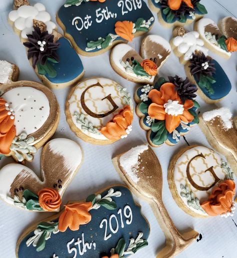 Burnt Orange And Dark Teal Wedding Cake, Teal Burnt Orange And Peach Wedding, Western Wedding Cookies, Teal Burnt Orange Wedding, Placecard Cookies, Teal And Rust Wedding, Dark Teal And Rust Orange Wedding, Teal And Burnt Orange Wedding, Burnt Orange And Teal Wedding