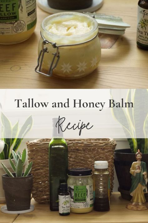 Tallow and Honey Balm Recipe - Sacred Hearth and Home Honey Tallow Balm Recipe, Tallow And Honey Balm, Tallow Honey Balm Recipe, Diy Tallow And Honey Face Cream, Diy Tallow Balm, Tallow Recipes Skin Care, Beef Tallow Lotion Recipe, Beef Tallow Skin Care, Tallow Honey Face Cream