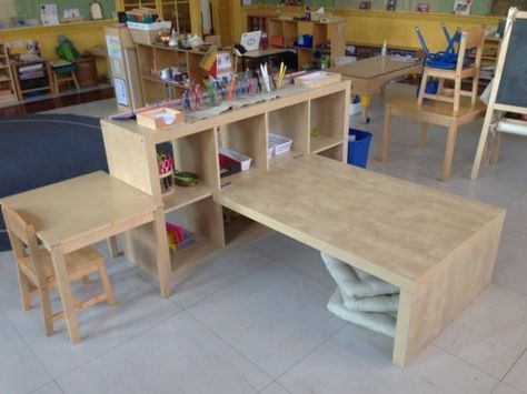 Large Craft Table, Ikea Classroom, Diy Craft Table, Preschool Tables, Ikea Bench, Kids Craft Tables, Craft Tables With Storage, Preschool Furniture, Craft Table Diy