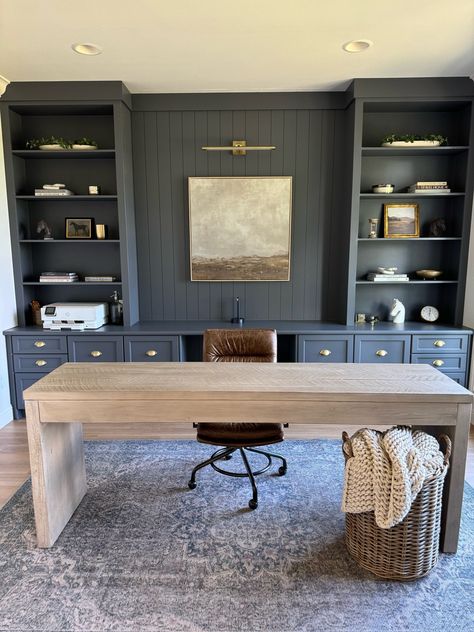 Pismo Reclaimed Wood Console Desk curated on LTK Desk Not Facing Wall, Office Built Ins With Desk, Office Interior Design Corporate, Moody Office Inspiration, Desk In Front Of Window, Golf Office, Shared Home Office, Modern Farmhouse Office, Transitional Office