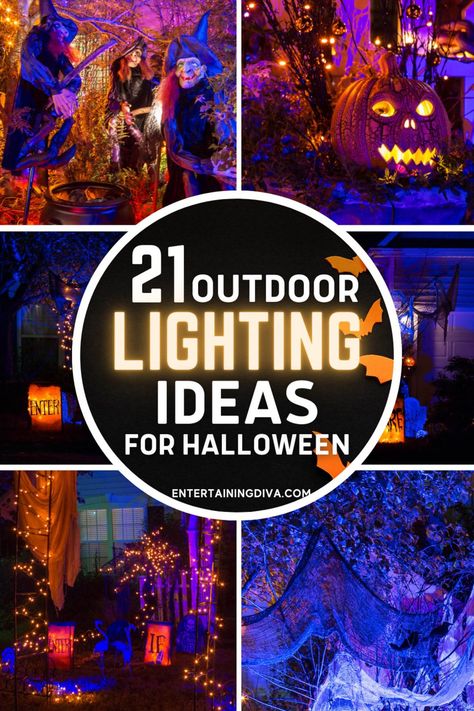 21 Outdoor Lighting Ideas For Halloween | Holidays Halloween Lights Outdoor Porch, Halloween Lights Diy, Front Yard Halloween, Spooky Outdoor Halloween Decor, Halloween Disco, Halloween Lighting, Halloween Lighting Outdoor, Scary Halloween Decorations Outdoor, Halloween Lights Decorations