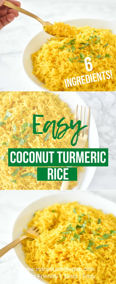 This easy Coconut Turmeric Rice is the perfect side dish to any meal! To make this dish you'll need just six ingredients. It's made in one pot, fluffy and flavorful! It's perfect for weeknight dinners and makes for a great side dish for your favorite meals. This recipe is made with basmati rice and simmered in spices, vegetable broth + full fat coconut milk. #CoconutRice #TurmericRice #CoconutTurmericRice #TurmericRecipes #CoconutRecipes #VeganSideDish #SideDish #FlavoredRice #GoldenRice Basmati Rice Recipes Easy, Coconut Turmeric Rice, Rice Recipes Indian, Turmeric Rice Recipe, Basmati Rice Recipes, Turmeric Rice, Coconut Rice Recipe, Easy Rice, Turmeric Recipes