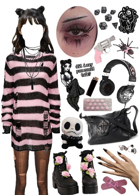 Punk Athstetic, Pink Goth Aesthetic Outfits, Goth Barbie Aesthetic, Perky Goth Outfits, Pink Goth Outfits, Pink Mall Goth, Sable Ward, Punk Girl Outfits, Pink And Black Goth